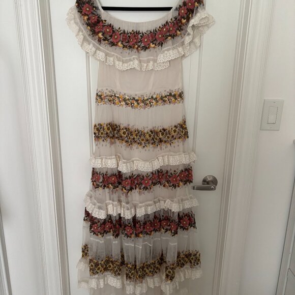 NWT By Anthropologie Ruffle-Sleeve V-Neck Embroidered Tulle Tiered Maxi Dress - Picture 7 of 7